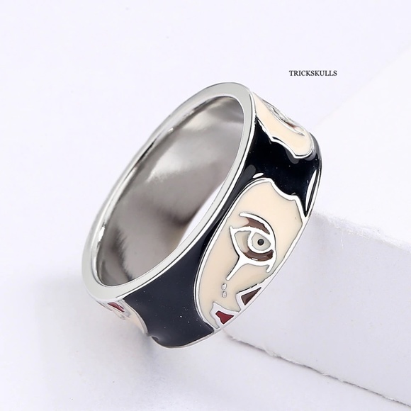 Black & Silver Pierrot Mime Horror Face Hand Painted Enamel Ring - Picture 4 of 6